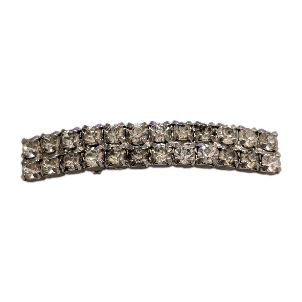 Vintage Double Row Rhinestone Bar Brooch Pin Silver Tone Art Deco Mid Century 2"